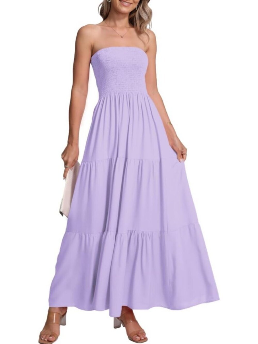 Women's Light Lilac Casual Off Shoulder Strapless Tube Top Beach Maxi Dress - Picture 4 of 6